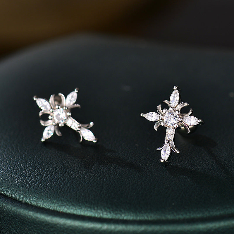 Sterling Silver Floral Cross Bullet Back Earring, Iced out AAAAA+ Cubic Zirconia Stud Earring for Women Men, Ideal Gift