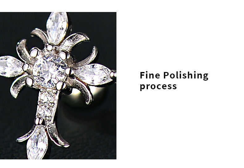 Sterling Silver Floral Cross Bullet Back Earring, Iced out AAAAA+ Cubic Zirconia Stud Earring for Women Men, Ideal Gift