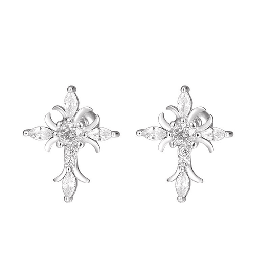 Sterling Silver Floral Cross Bullet Back Earring, Iced out AAAAA+ Cubic Zirconia Stud Earring for Women Men, Ideal Gift