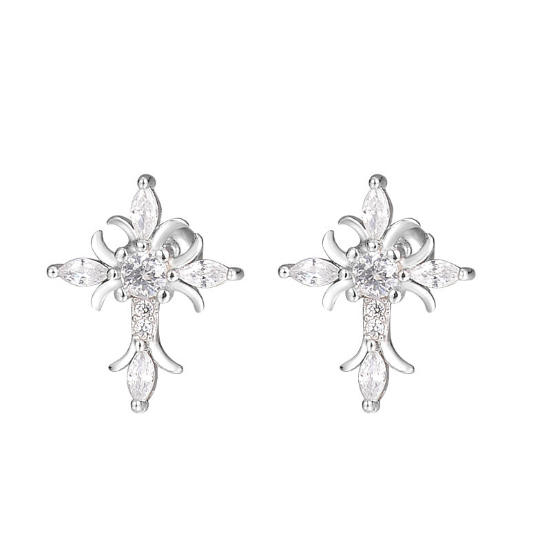 Sterling Silver Floral Cross Bullet Back Earring, Iced out AAAAA+ Cubic Zirconia Stud Earring for Women Men, Ideal Gift