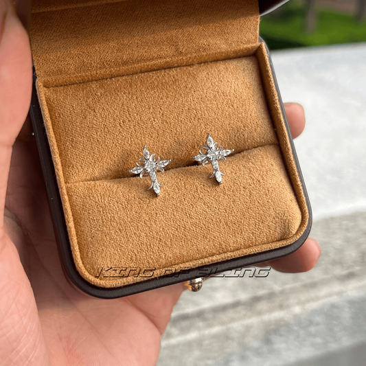 Sterling Silver Floral Cross Bullet Back Earring, Iced out AAAAA+ Cubic Zirconia Stud Earring for Women Men, Ideal Gift