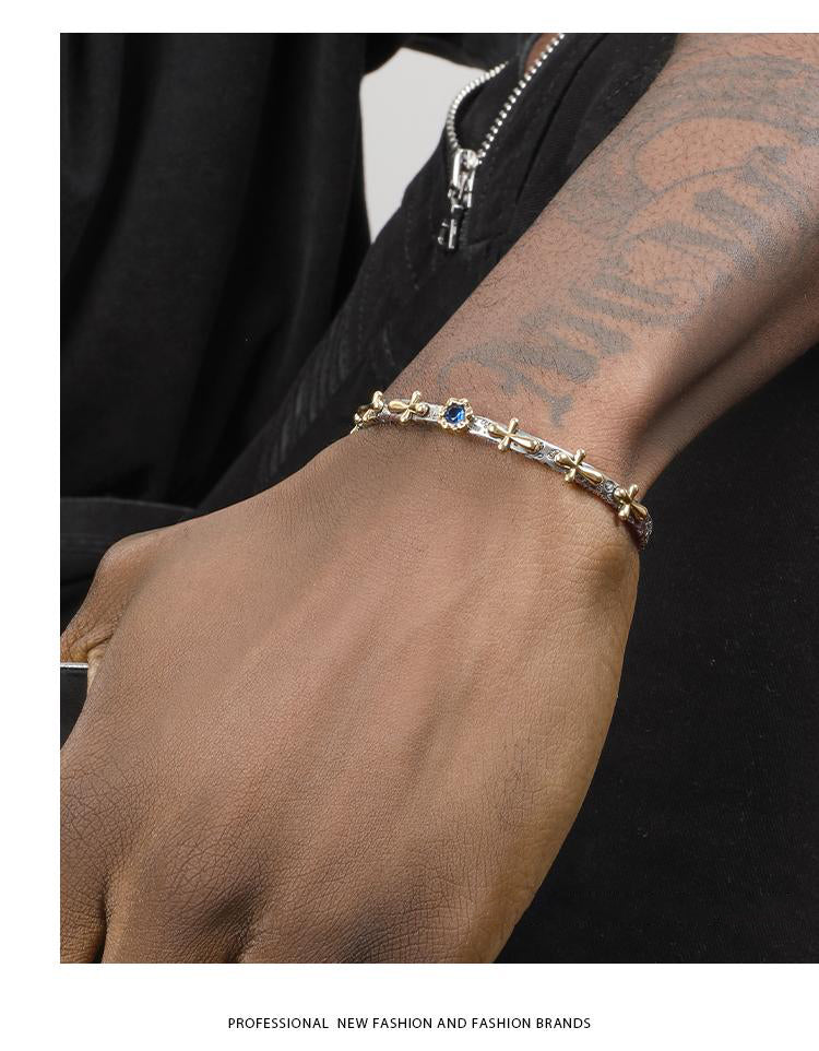 [LUMI92] Solid Sterling Silver Antique Cross Cuff Bracelet for Men Women Adjustable Retro Twisted Cross Bracelets, Ideal Gift